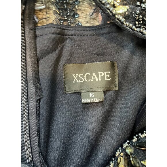 Xscape Cap-Sleeve Beaded Yoke Sheer Gown By Davids Bridal Sz 16 Ruched Navy NWT - Picture 10 of 12